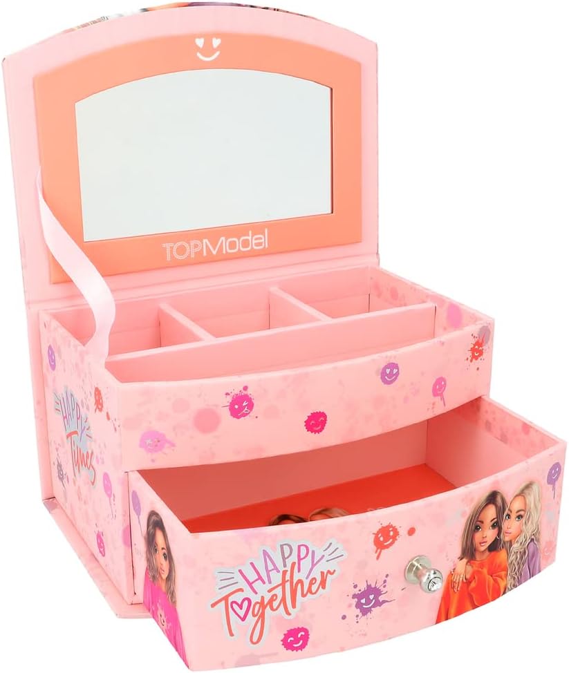 Depesche TOPModel Happy Together 12437 Small Jewellery Box in Pink with Smiley Pattern and Model Motif, Jewellery Box with Mirror and Hinged Lid