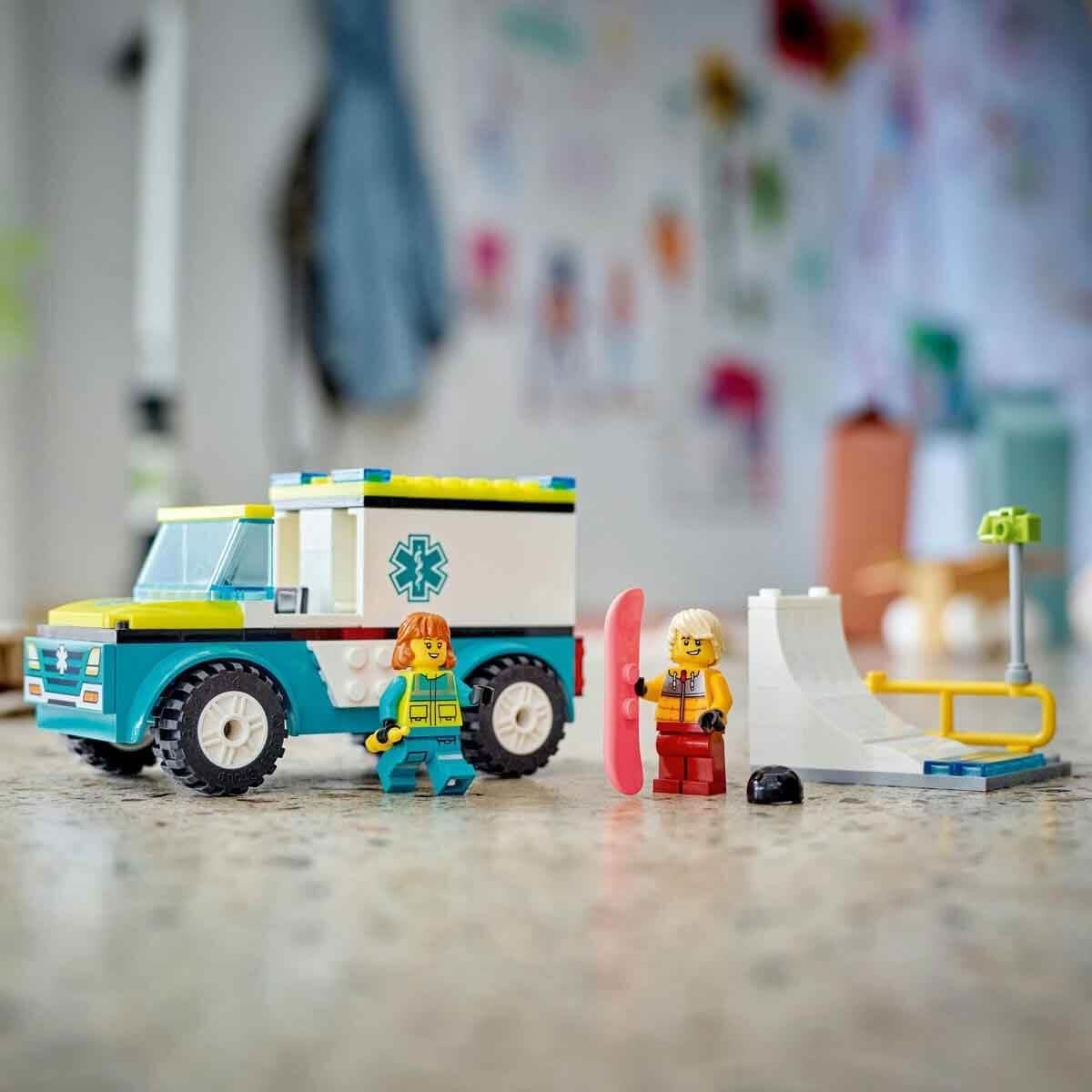 LEGO City ambulance and snowboarder, ambulance playset with toy car and 2 mini figures, snowboarder and paramedic figure, imaginative gift for boys and girls from 4 years, 60403