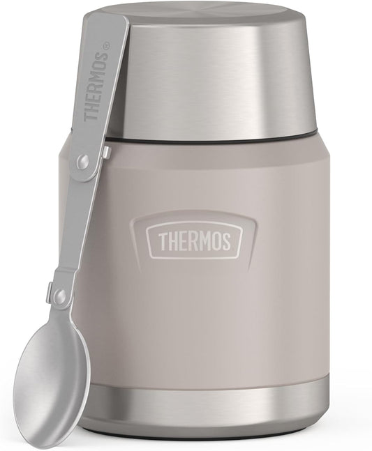 Thermos ICON Food Jar 0.47 L, Beige Matt Sandstone, Food Jar 470 ml, Double-Walled 18/8 Stainless Steel, Keeps Warm and Cold, with Folding Spoon, Non-Slip Base, Completely Leak-Proof