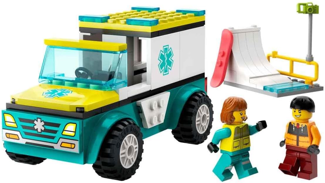 LEGO City ambulance and snowboarder, ambulance playset with toy car and 2 mini figures, snowboarder and paramedic figure, imaginative gift for boys and girls from 4 years, 60403