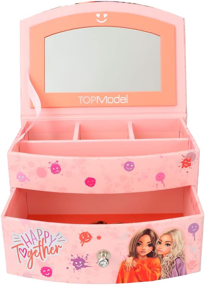 Depesche TOPModel Happy Together 12437 Small Jewellery Box in Pink with Smiley Pattern and Model Motif, Jewellery Box with Mirror and Hinged Lid