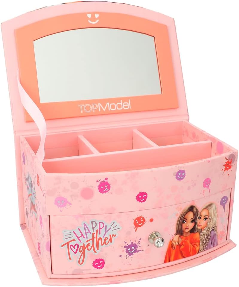 Depesche TOPModel Happy Together 12437 Small Jewellery Box in Pink with Smiley Pattern and Model Motif, Jewellery Box with Mirror and Hinged Lid