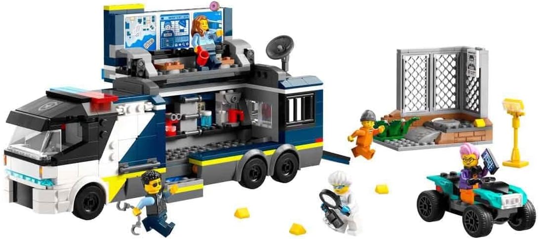 LEGO City Police Print with Laboratory, Police Set with Quad and Truck Toy for Children, Gift for Boys and Girls from 7 Years, Plus 5 Mini Figures - 2 Police Officers, 1 Scientist and 2 Crooks 60418