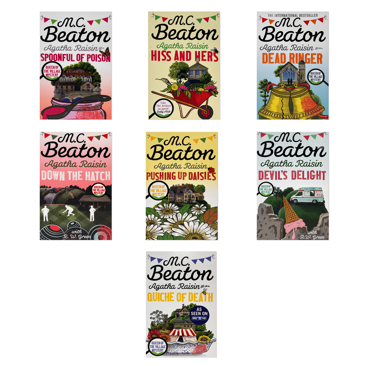 M C Beaton Agatha Raisin Series 1-7 Collection 7 Books Set (Agatha Raisin and the Quiche of Death, Agatha Raisin and A Spoonful of Poison, Hiss and Hers, Pushing up Daisies, Agatha Raisin and the Dead Ringer, Down the Hatch, Devil’s Delight)