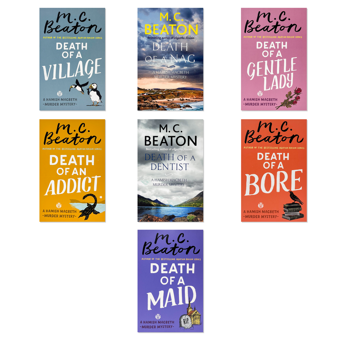 M C Beaton Hamish Macbeth Series Collection 7 Books Set (SERIES 4) (Death of a Nag, Death of a Dentist, Death of an Addict, Death of a Village, Death of a Bore, Death of a Maid, Death of a Gentle Lady)