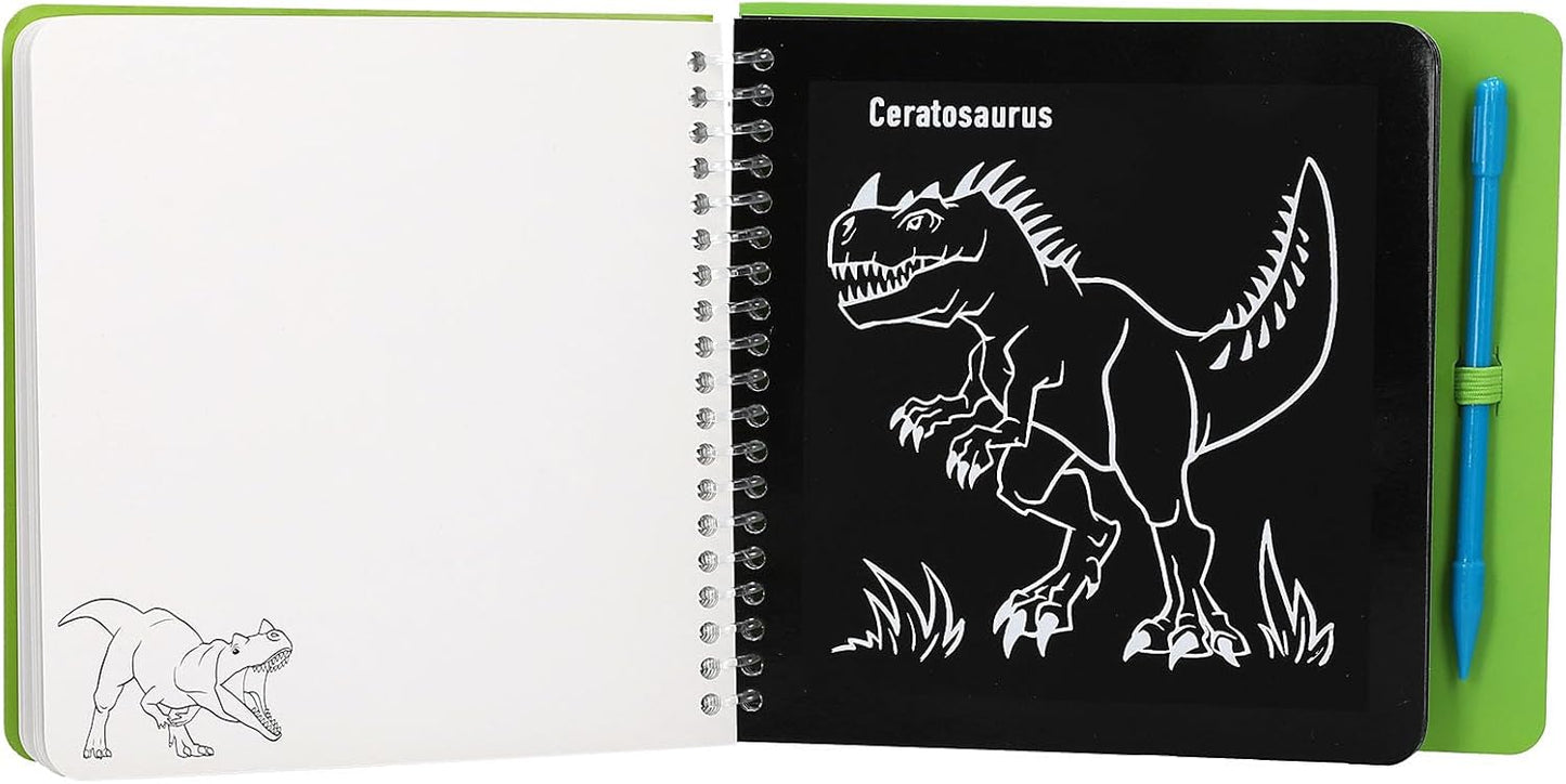 Depesche 12733 Dino World Mini Magic Scratch Book with Cool Dinosaur Motifs for Scratching, Book with Colourful Gradient and Scratch Pen