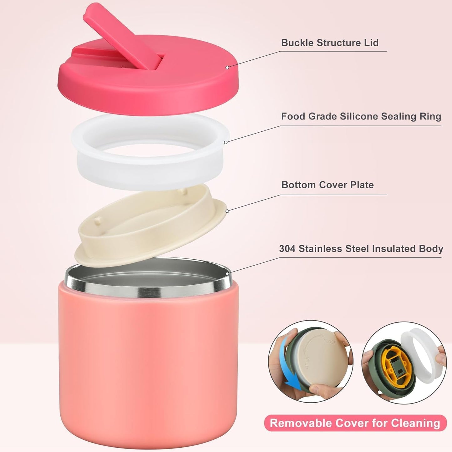 Itslife Thermal Food Container, 560 ml, Stainless Steel Warming Container, Children's Leak-proof Lunch Container with Buckle Cover, Wide Neck, Insulation, Suitable for Cold and Hot Food, Pink