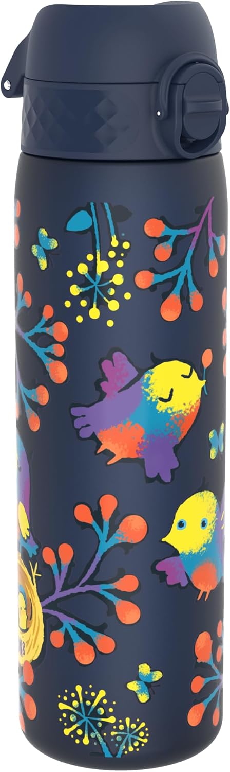 Ion8 Water Bottle, 500 ml, Leak-Proof, One-Handed Opening, Secure Locking, Dishwasher Safe, BPA-Free, Carry Handle, Flip Lid, Easy to Clean, Climate Neutral, Birds Design