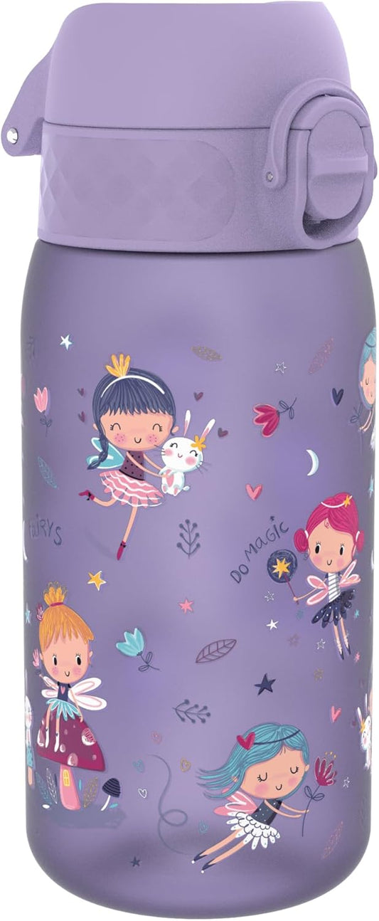 Ion8 Children's Water Bottle, 350 ml, Leak-Proof, One-Handed Opening, Secure Locking, Dishwasher Safe, BPA-Free, Carry Handle, Flip Lid, Easy to Clean, Climate Neutral, Fairy Design