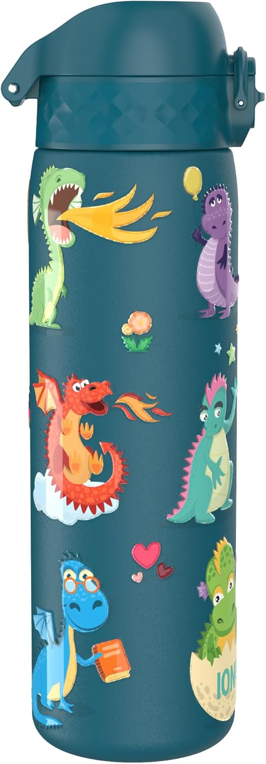 Ion8 Steel Water Bottle, 600 ml, Leak-Proof, One-Handed Opening, Secure Locking, Dishwasher Safe, Flip Lid, Carry Handle, Easy to Clean, Durable, Dragon Design