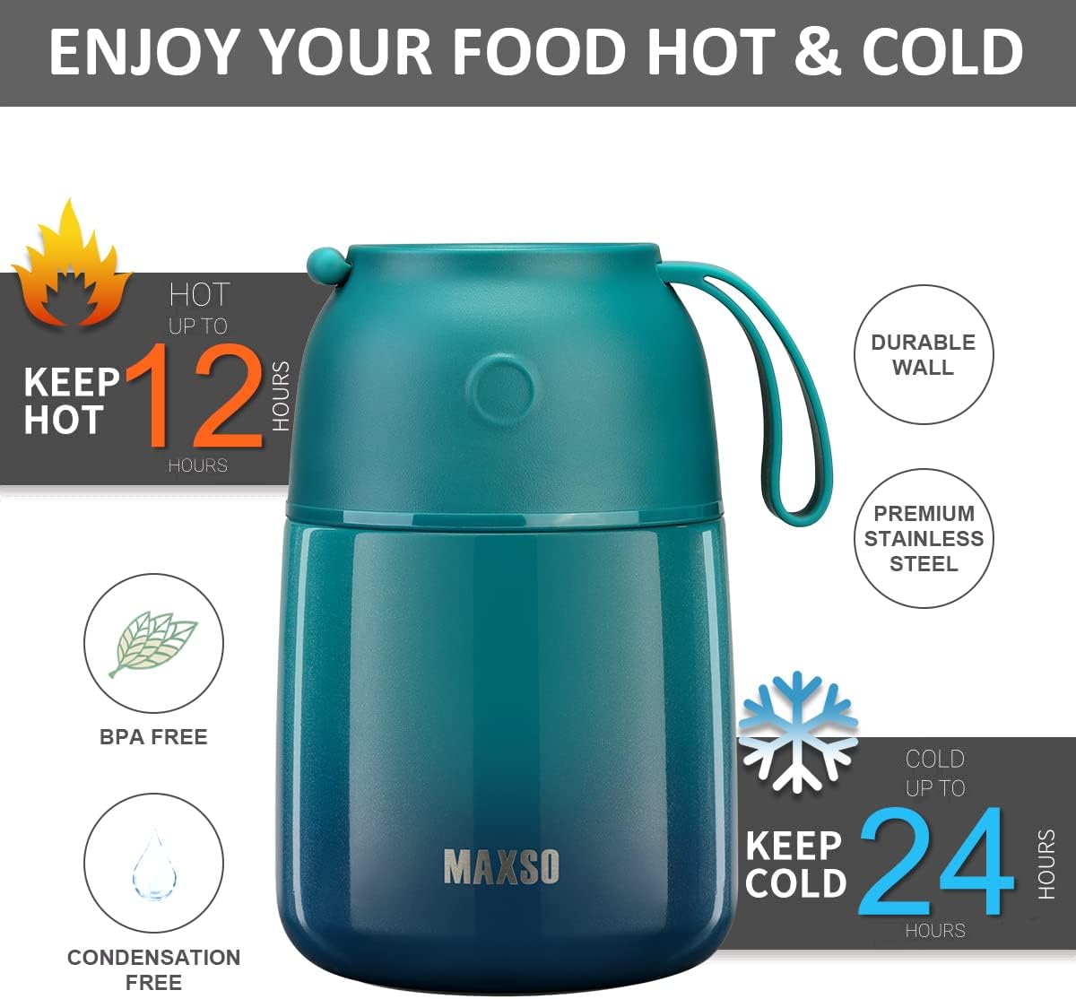 LOGEEYAR Thermal Container for Food 500 ml Stainless Steel Insulated Container for Warm Food, Food, Baby Food, Soup, Insulated Container with Spoon, Thermal Jar, Blue Green