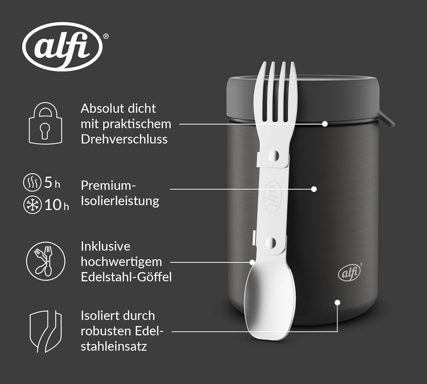 alfi ISO Food Mug 350 ml, Black, Stainless Steel Thermal Container for Food, Insulated Container for Soups, Salad, Cereal to Go, Keeps Warm for 5 Hours Cold, 10 Hours Cold, Dishwasher Safe, BPA-Free