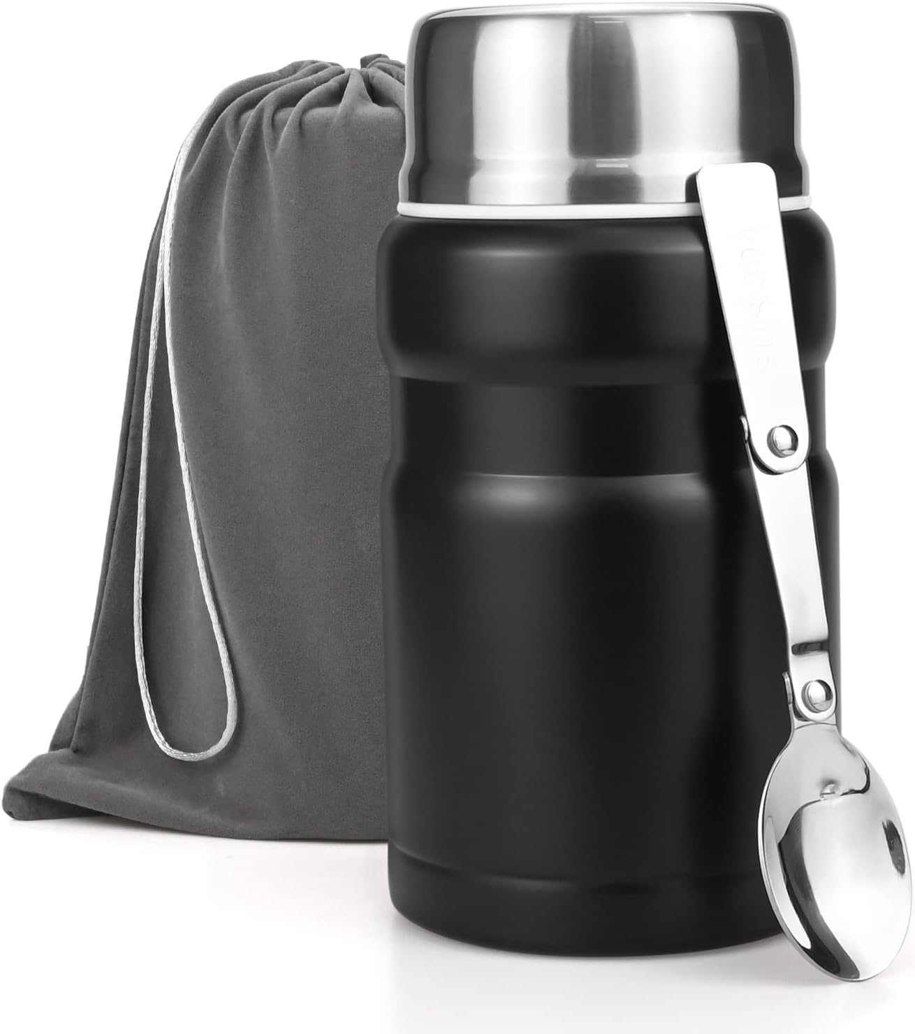 Food Bottle, 750ml Vacuum Insulated Food Thermos Flask, Stainless Steel, Double Walled, Vacuum Insulated, Leakproof Soup Bottle with Foldable Spoon and Bag, Black