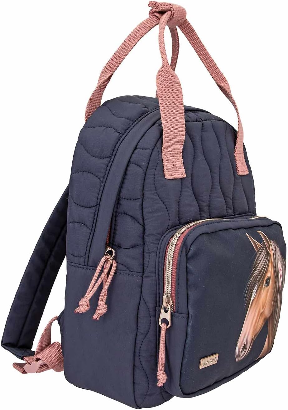 Depesche 12512 Miss Melody Night Horses Backpack for Children with Horse Motif and Quilted Seam Look, Bag in Dark Blue with Adjustable Shoulder Straps, Dark blue pink, Casual