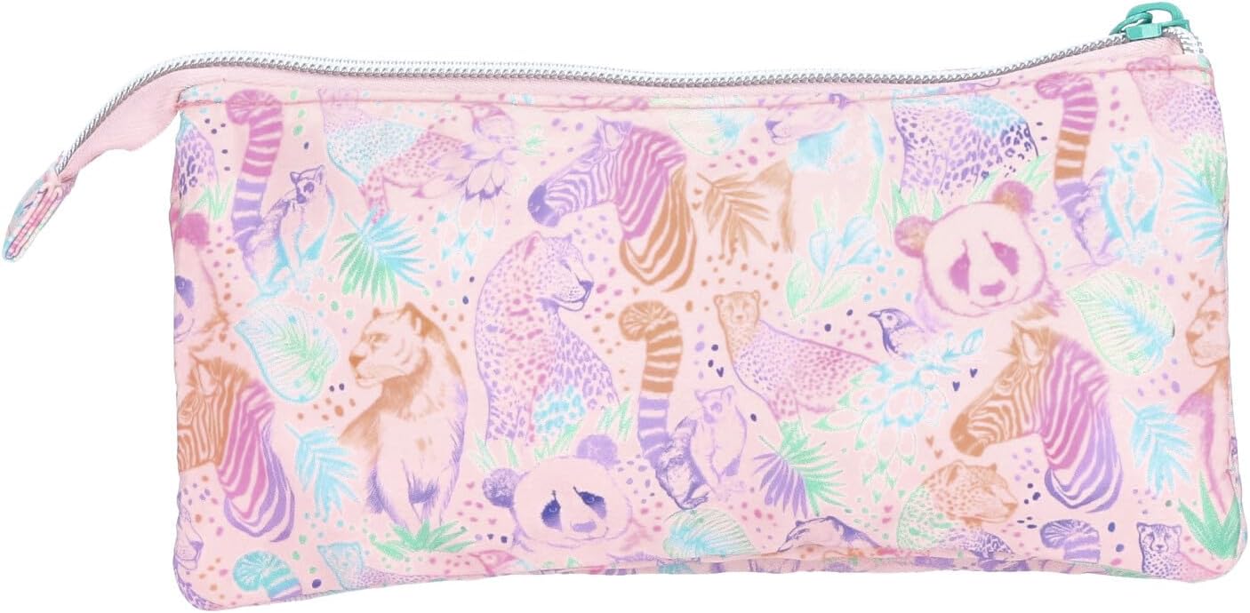 Depesche TOPModel Wild 12792 Fan Pencil Case in Pink with Model Motif and Colourful Animal Pattern, Pencil Case with 3 Zip Compartments