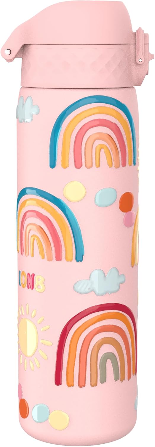 ION8 Vacuum Insulated Stainless Steel Water Bottle, 500 ml, Leak-Proof, One-Handed Opening, Secure Locking, Dishwasher Safe, Carry Handle, Easy to Clean, Durable & Scratch-Resistant, Rainbow Design