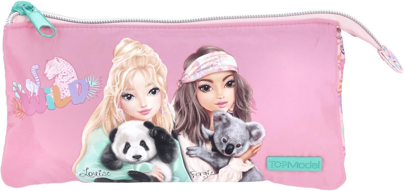 Depesche TOPModel Wild 12792 Fan Pencil Case in Pink with Model Motif and Colourful Animal Pattern, Pencil Case with 3 Zip Compartments