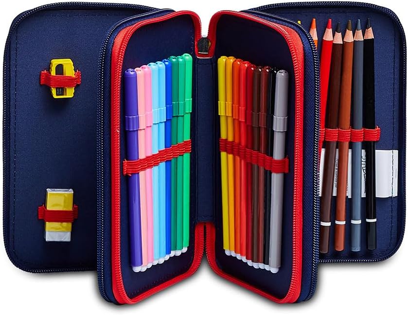 Seven Pencil Case, Multicoloured, Sustainable Fabric, Pencil Case for Stationery, with Pens, Ballpoint Pen & More, 3 Compartments, Girls & Boys, School & Primary School, XXL Spiderman Marvel, blue,