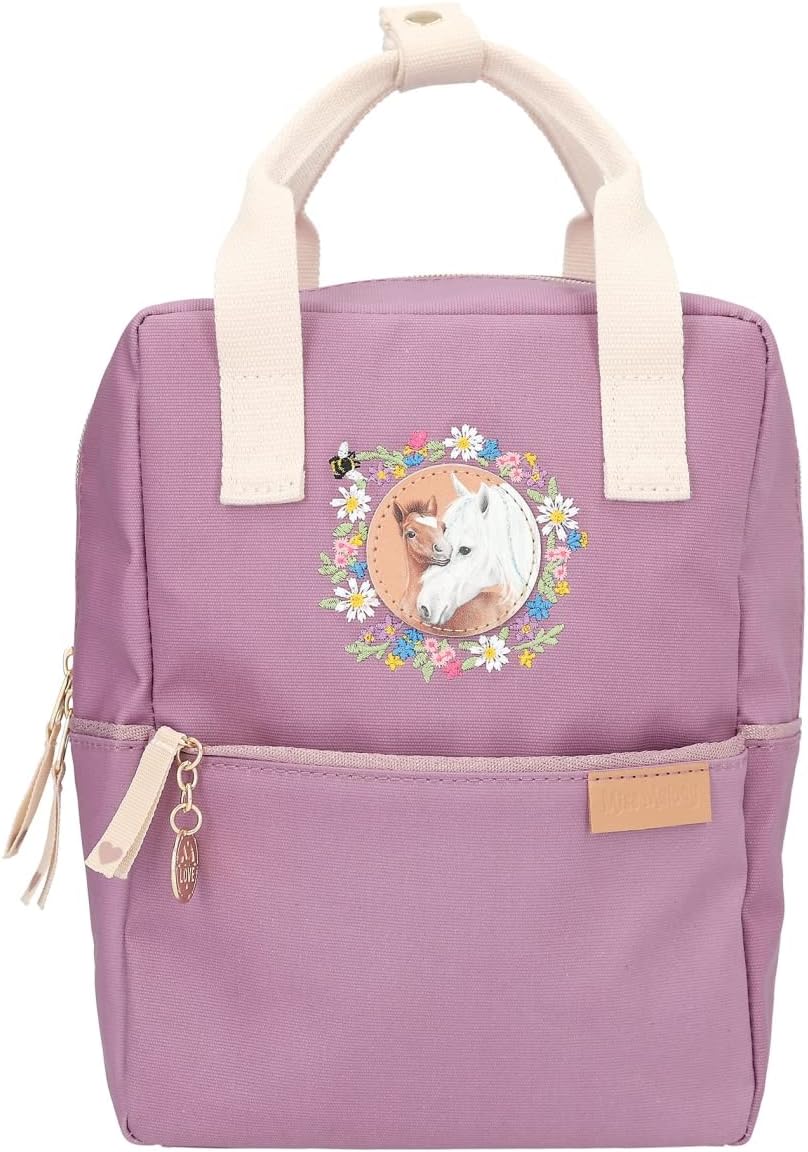 Depesche 12165 Miss Melody Farm House Childrens Backpack in Lilac with Horse Motif and Floral Embroidery Bag with Adjustable Straps and Pendant, Purple, cute