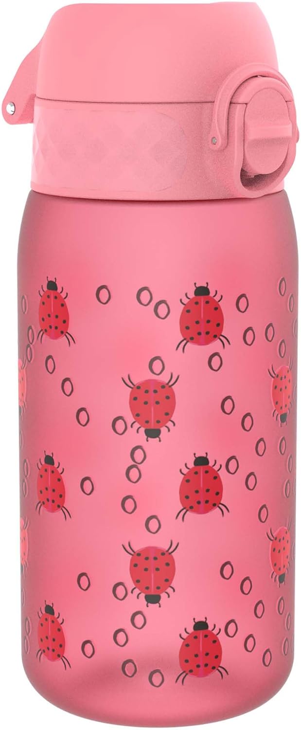 ION8 Children's Water Bottle, 350 ml, Leak-Proof, One-Handed Opening, Secure Locking, Dishwasher Safe, BPA-Free, Carry Handle, Flip Lid, Easy to Clean, Climate Neutral, Ladybird Design