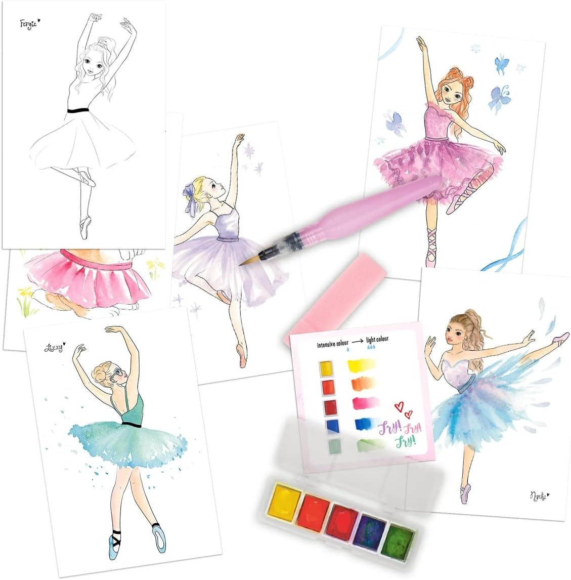 Depesche TOPModel Ballet 12248 Watercolour Paint Set with 20 Sheets Motif Templates on Watercolour Paper, Creative Painting Set with 5 Watercolours, Brush Pen and Sponge