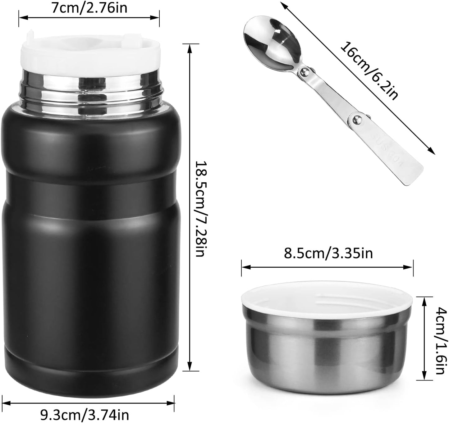 Food Bottle, 750ml Vacuum Insulated Food Thermos Flask, Stainless Steel, Double Walled, Vacuum Insulated, Leakproof Soup Bottle with Foldable Spoon and Bag, Black