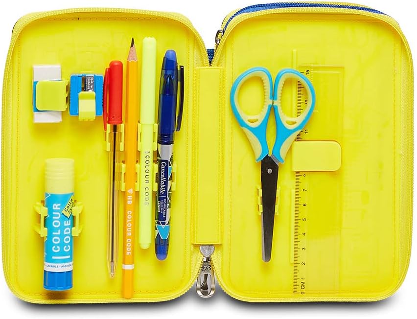 Seven Pencil Case, Multicoloured, Pencil Case for Stationery, Pencil Case with Pens, Ballpoint Pens, & More, 3 Compartments, Girls & Boys, School - Elementary School, XXL, Yellow/Blue, blue, School