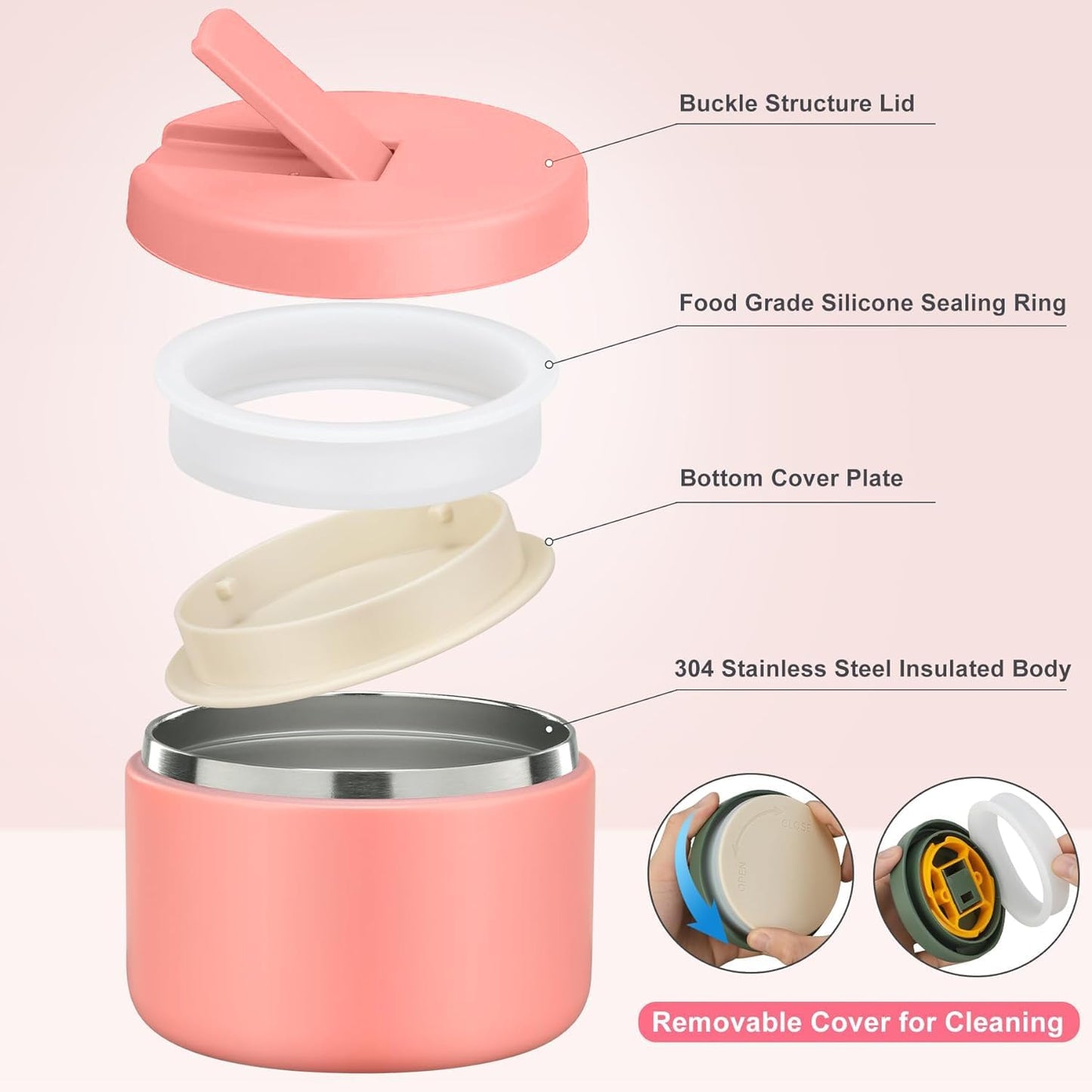 Itslife Thermal Food Container, 350 ml, Stainless Steel Warming Container, Children's Leak-proof Lunch Container with Buckle Cover, Wide Neck, Insulation, Suitable for Cold and Hot Food, Pink