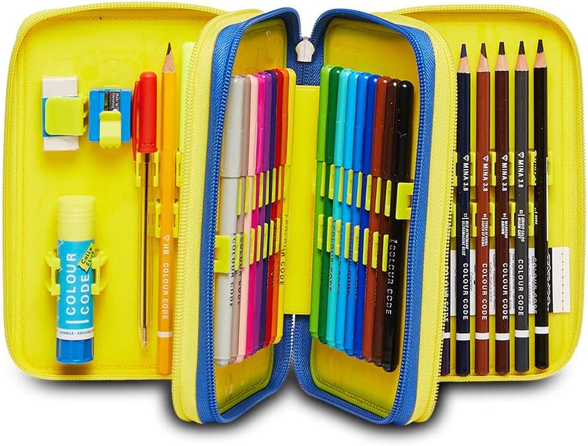 Seven Pencil Case, Multicoloured, Pencil Case for Stationery, Pencil Case with Pens, Ballpoint Pens, & More, 3 Compartments, Girls & Boys, School - Elementary School, XXL, Yellow/Blue, blue, School