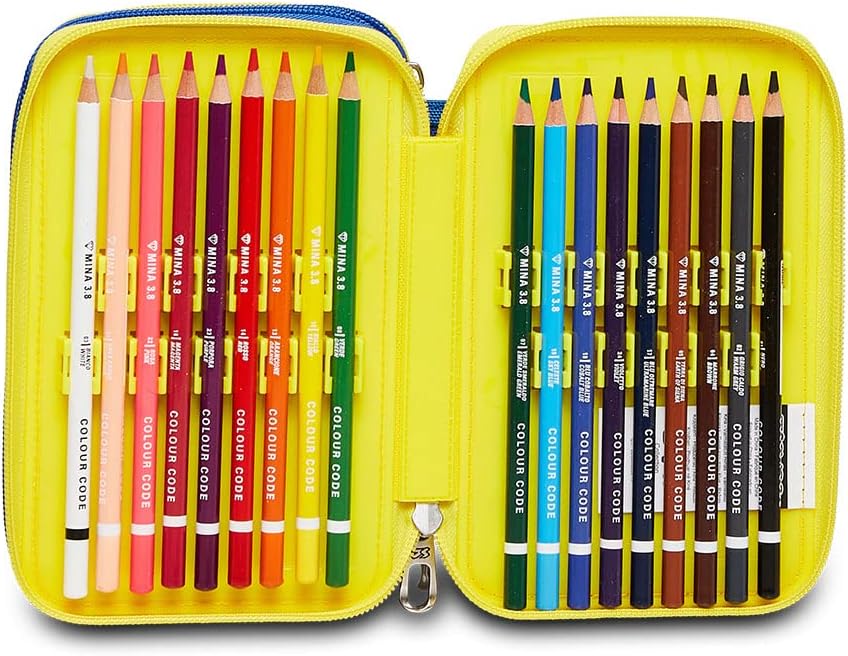 Seven Pencil Case, Multicoloured, Pencil Case for Stationery, Pencil Case with Pens, Ballpoint Pens, & More, 3 Compartments, Girls & Boys, School - Elementary School, XXL, Yellow/Blue, blue, School