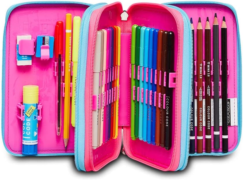 Seven Pencil Case, Multicoloured, Pencil Case for Stationery, Pencil Case with Pens, Ballpoint Pens, & More, 3 Compartments, Girls & Boys, School - Elementary School, XXL, Pink, pink, School