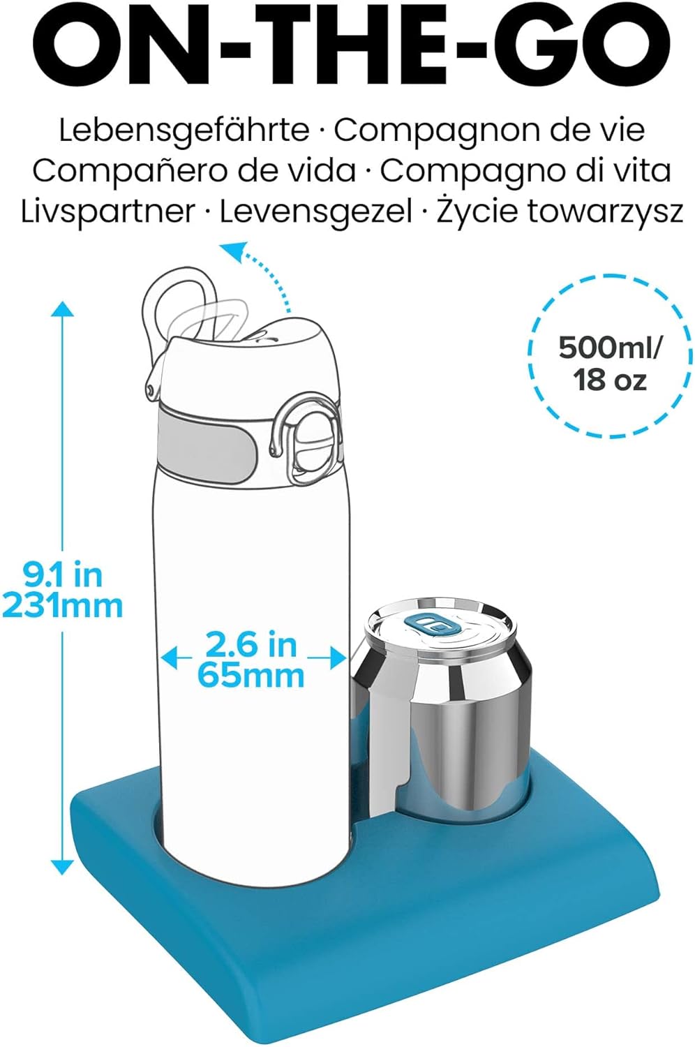 Ion8 Water Bottle, 500 ml, Leak-Proof, One-Handed Opening, Secure Locking, Dishwasher Safe, BPA-Free, Carry Handle, Flip Lid, Easy to Clean, Climate Neutral, Puppy Design