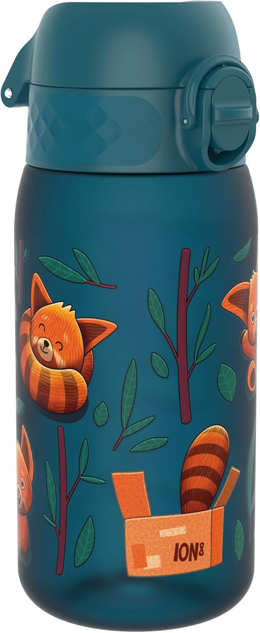 Ion8 Children's Water Bottle, 350 ml, Leak-Proof, One-Handed Opening, Secure Locking, Dishwasher Safe, BPA-Free, Carry Handle, Flip Lid, Easy to Clean, Climate Neutral, Red Pandas Design