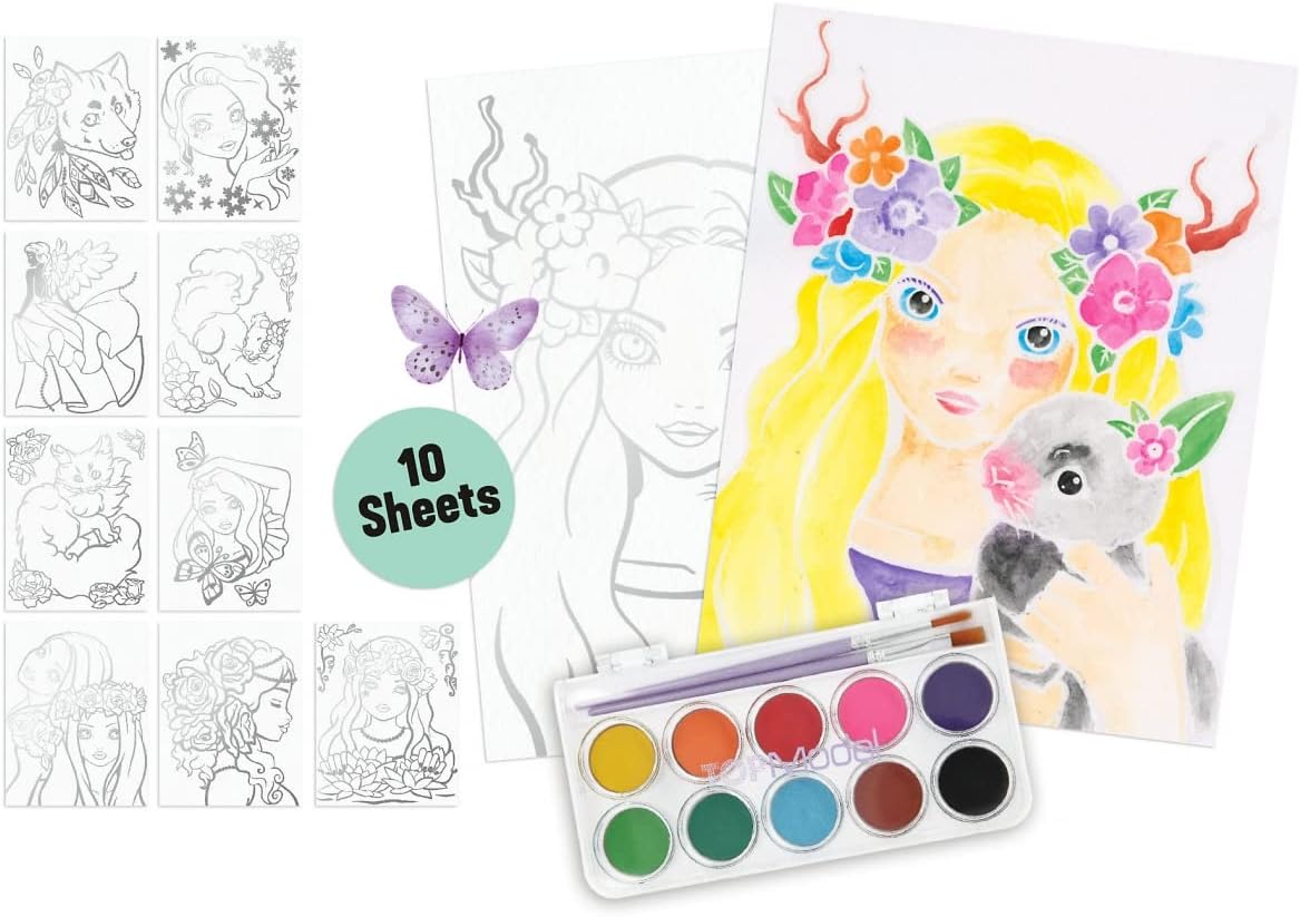 Depesche 11487 TOPModel Colour Me Up Paper, Watercolour Paper with 10 Designs for Colouring, Includes Brush and Watercolours