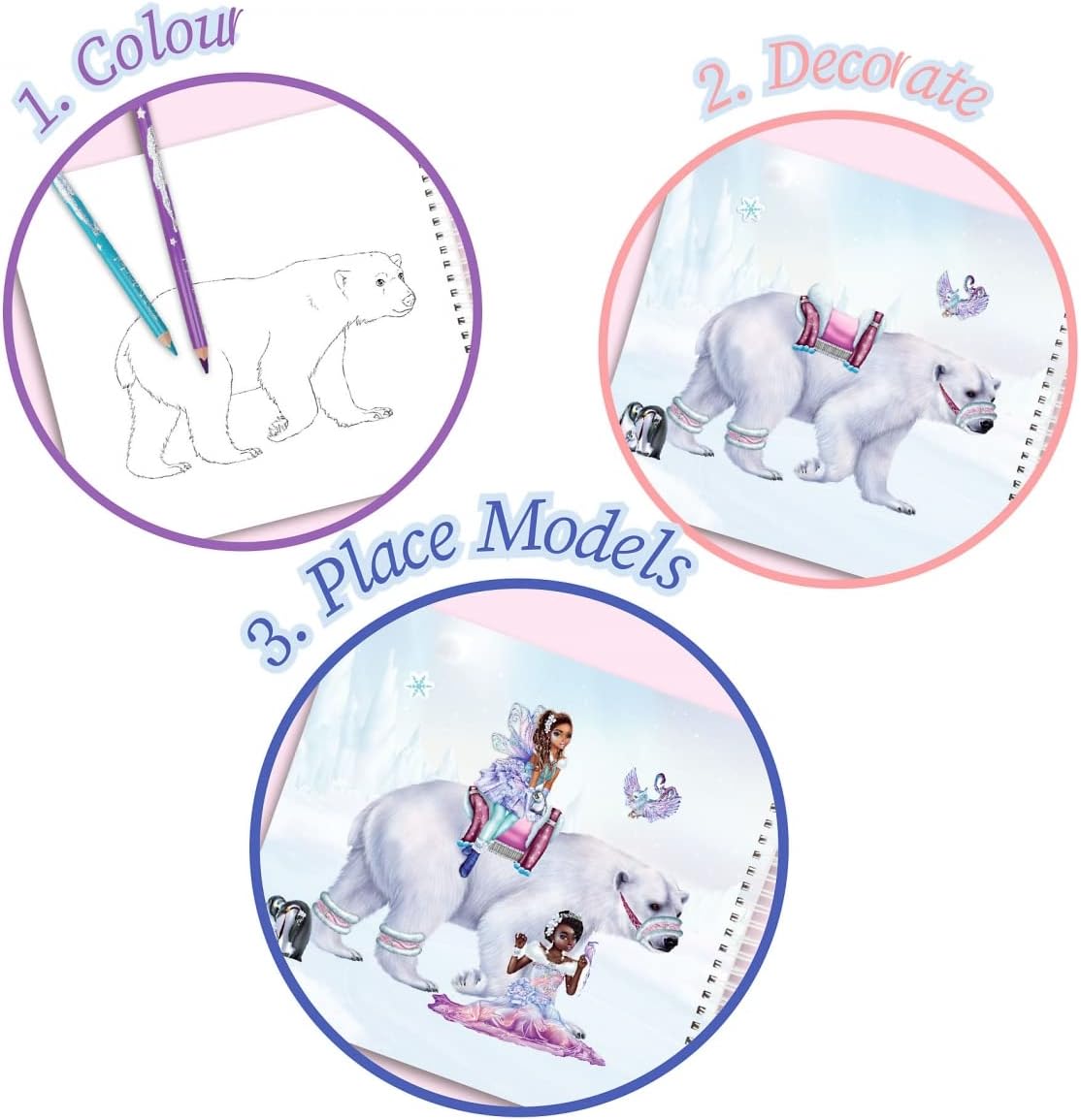 Depesche 12072 TOPModel Iceworld Create Your Fantasy Friend Colouring and Sticker Book with 24 Pages for Creating Fantastic Beings, Colouring Book with Sticker Sheet and Spiral Binding