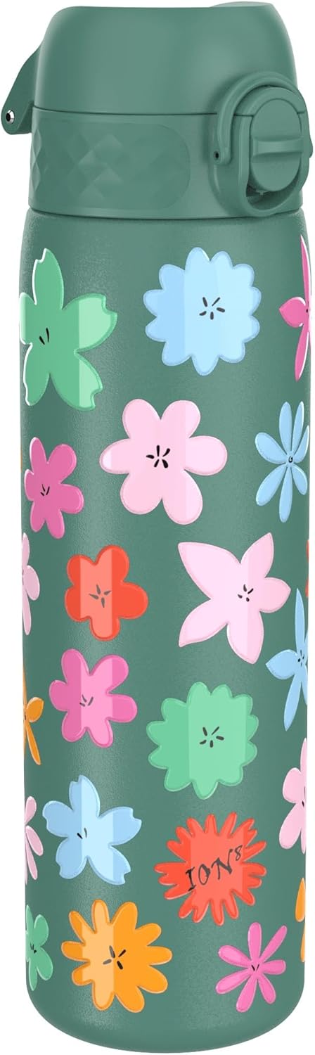 Ion8 Steel Water Bottle, 600 ml, Leak-Proof, One-Handed Opening, Secure Locking, Dishwasher Safe, Flip Lid, Carry Handle, Easy to Clean, Durable, Green Flowers Design