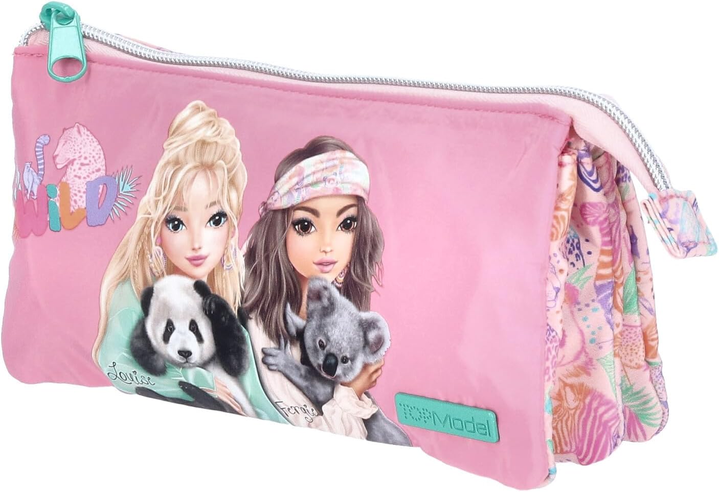 Depesche TOPModel Wild 12792 Fan Pencil Case in Pink with Model Motif and Colourful Animal Pattern, Pencil Case with 3 Zip Compartments