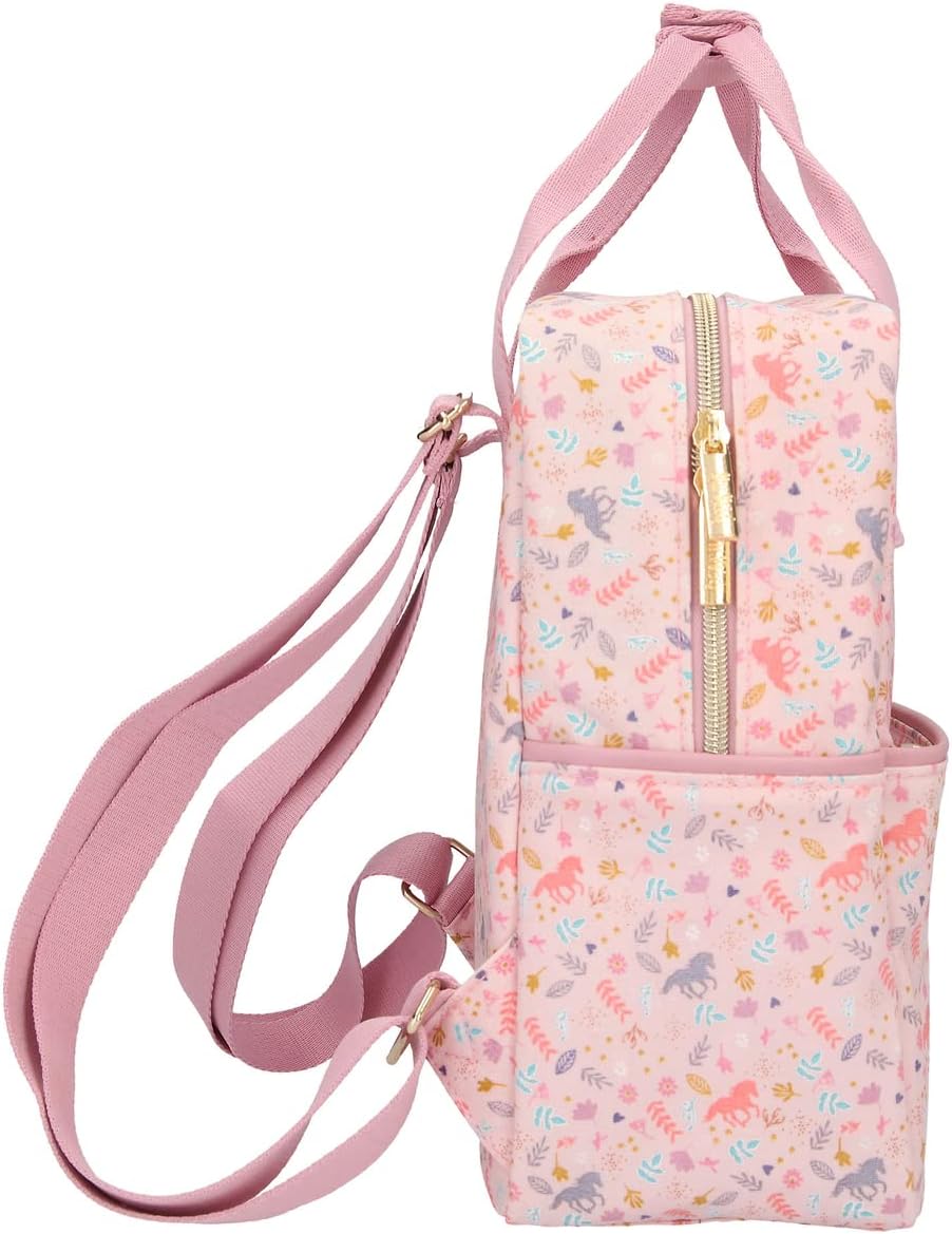 Depesche 11728 Miss Melody Summer Garden Small Backpack in Rose with Subtle Design of Flowers and Horses, Daypack with Large Main Compartment, One Front Pocket, Extra Inner Compartment and Carabiner