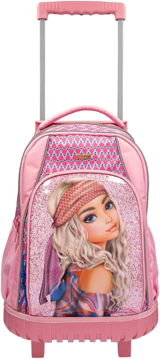 Depesche 11991 TOPModel Seventies School Backpack with Glitter, Model Motif and Cool Heart Pattern, Trolley for Children with 3 Compartments, Telescopic Handle and Wheels, Pink, Red, Waterproof