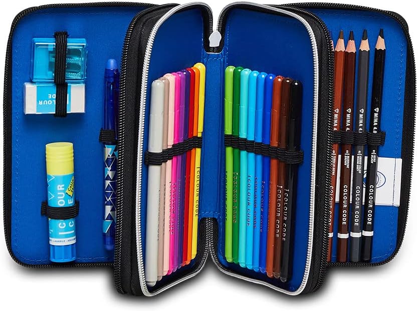 Seven Atalanta Pencil Case, Multicoloured, Pencil Case for Stationery, Case with Pens, Ballpoint Pens, & More, 3 Compartments, Girls & Boys, School - Primary School, XXL, Atalanta, blue, School