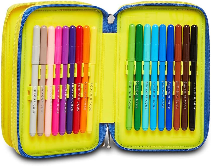 Seven Pencil Case, Multicoloured, Pencil Case for Stationery, Pencil Case with Pens, Ballpoint Pens, & More, 3 Compartments, Girls & Boys, School - Elementary School, XXL, Yellow/Blue, blue, School