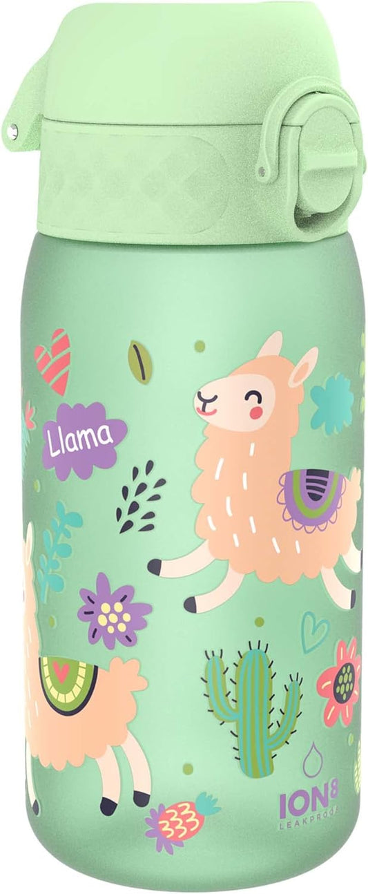 Ion8 Children's Water Bottle, 350 ml, Leak-Proof, One-Handed Opening, Secure Locking, Dishwasher Safe, BPA-Free, Carry Handle, Flip Lid, Easy to Clean, Climate Neutral, Llamas Design