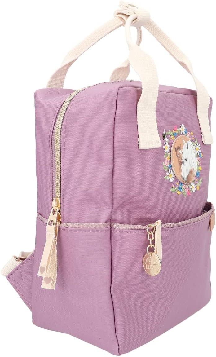 Depesche 12165 Miss Melody Farm House Childrens Backpack in Lilac with Horse Motif and Floral Embroidery Bag with Adjustable Straps and Pendant, Purple, cute