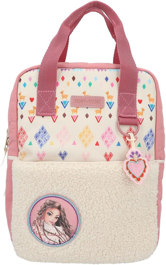 Depesche 12586 TOPModel Cosy Backpack with Plush, Colourful Heart Pendant, Quilted Details and Pocket with Zip, White