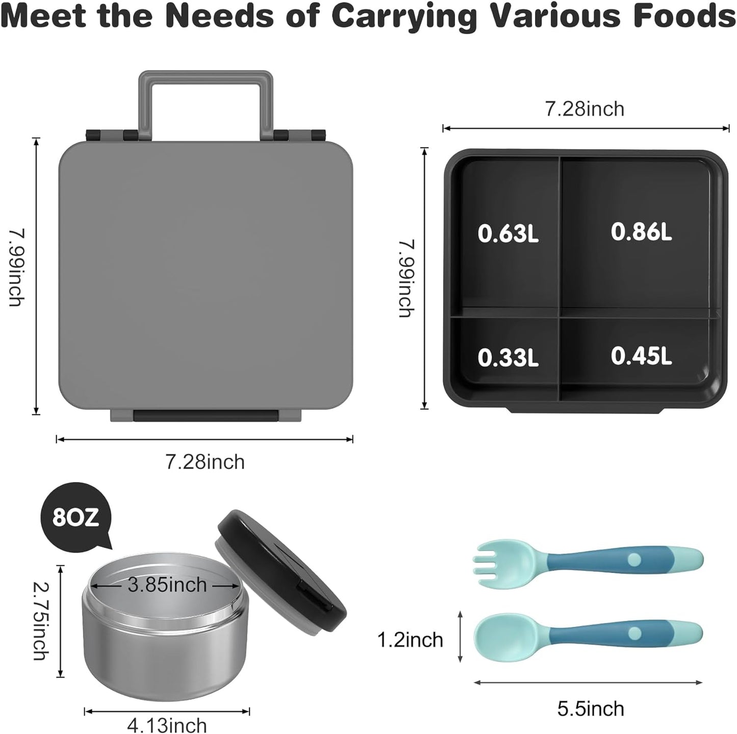 Children's Lunch Box Set with 300 ml Thermal Container for Food, Leak-Proof Lunch Box Children with 4 Compartments, Insulated Lunch Bag, BPA-Free Thermal Lunch Box Children, School, Excursions, Grey