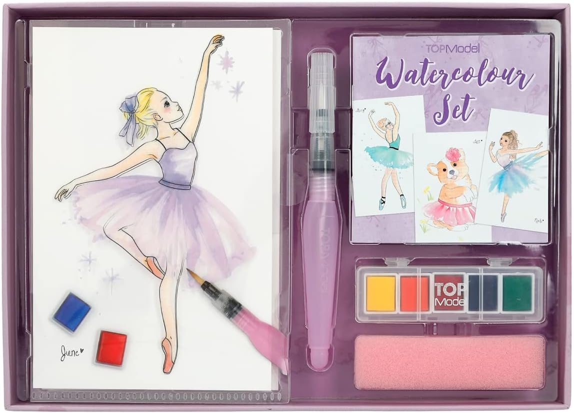 Depesche TOPModel Ballet 12248 Watercolour Paint Set with 20 Sheets Motif Templates on Watercolour Paper, Creative Painting Set with 5 Watercolours, Brush Pen and Sponge