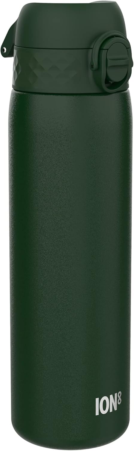 Ion8 Vacuum Insulated Stainless Steel Water Bottle, 500 ml, Leak-Proof, One Hand Opening, Secure Locking, Dishwasher Safe, Carry Handle, Easy to Clean, Durable & Scratch-Resistant, Dark Green