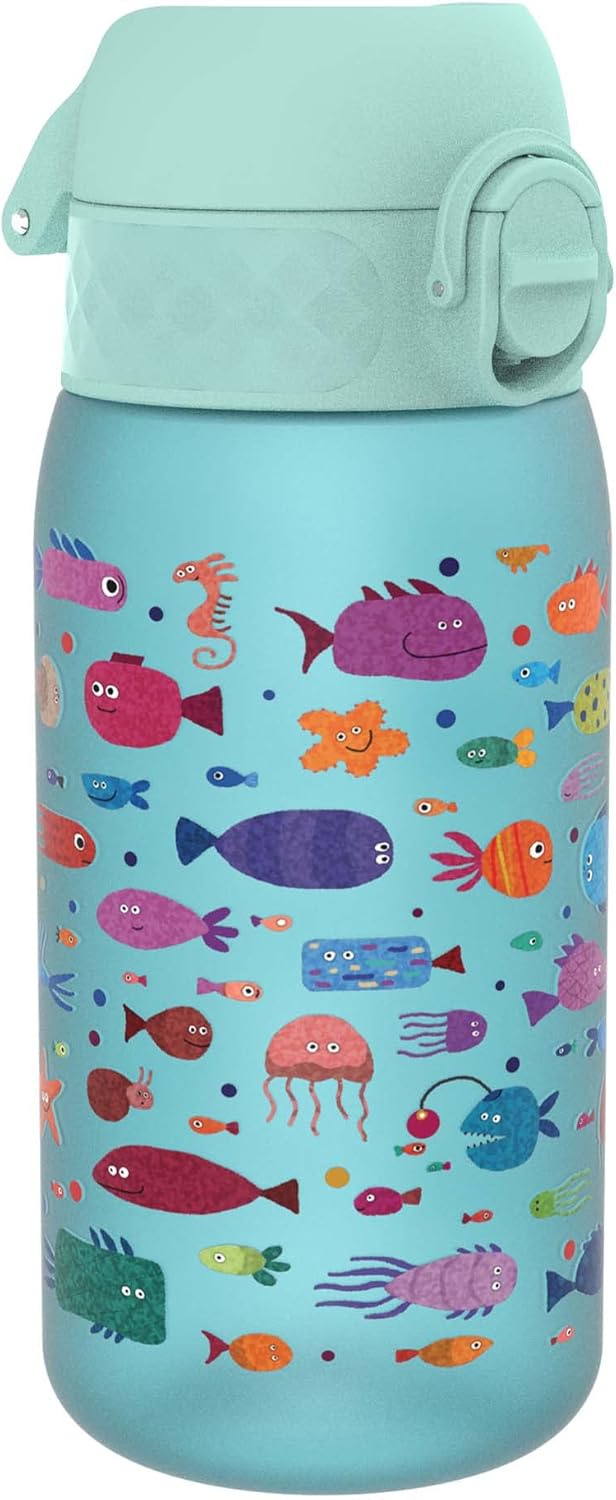 Ion8 Kids Water Bottle, Leak-Proof, One-Handed Opening, Secure Locking, Dishwasher Safe, BPA-Free, Carry Handle, Flip Lid, Easy to Clean, Fish Design