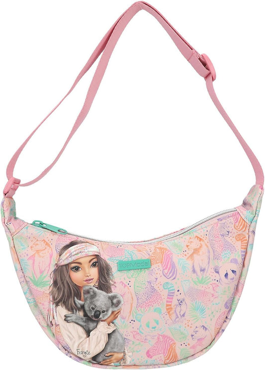 Depesche TOPModel Wild 12793 Small Crescent Moon Shoulder Bag in Pink with Model Motif and Colourful Animal Pattern, Bag with Adjustable Shoulder Strap