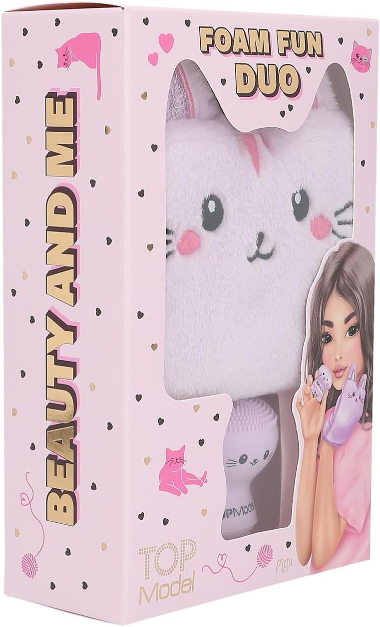 Depesche TOPModel 13252 Wash Mitt and Face Sponge Set Beauty and Me in Purple and with Cat Motifs